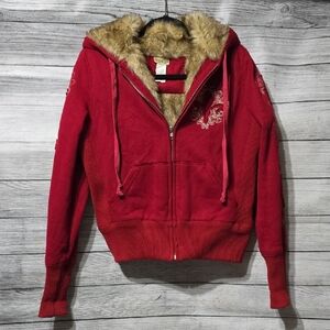 Stylish Red Bomber Jacket with Faux Fur by [Brand]